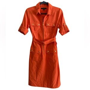 Bright Orange Cargo Dress Utility Zipper Front Belted Shirt Dress Casual Chic